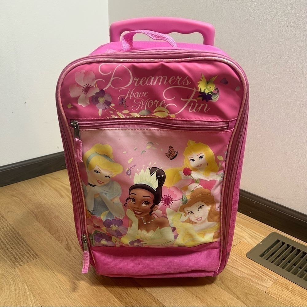 Disney Princess Suitcase Roller Bag Pink Kids Cinderella Tiana Belle Aurora - Picture 2 of 10